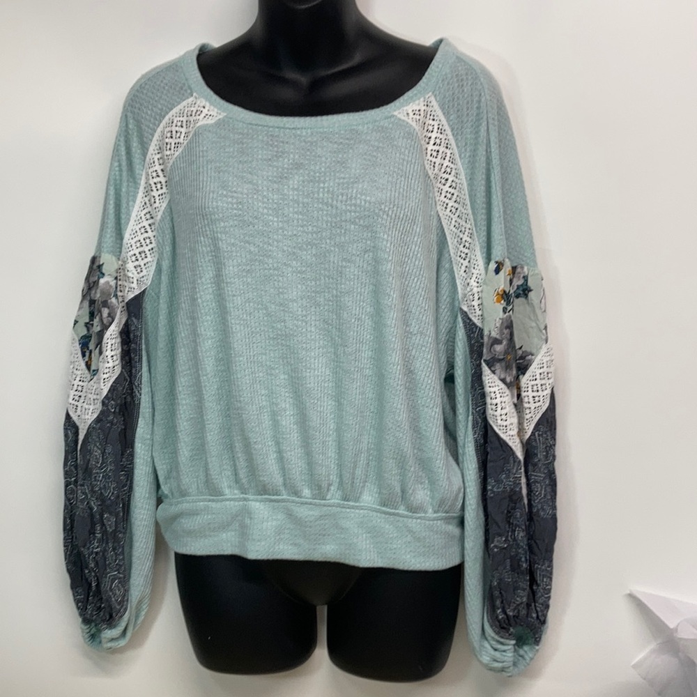 Free People Light Blue Pullover with Patterned Navy Sleeves